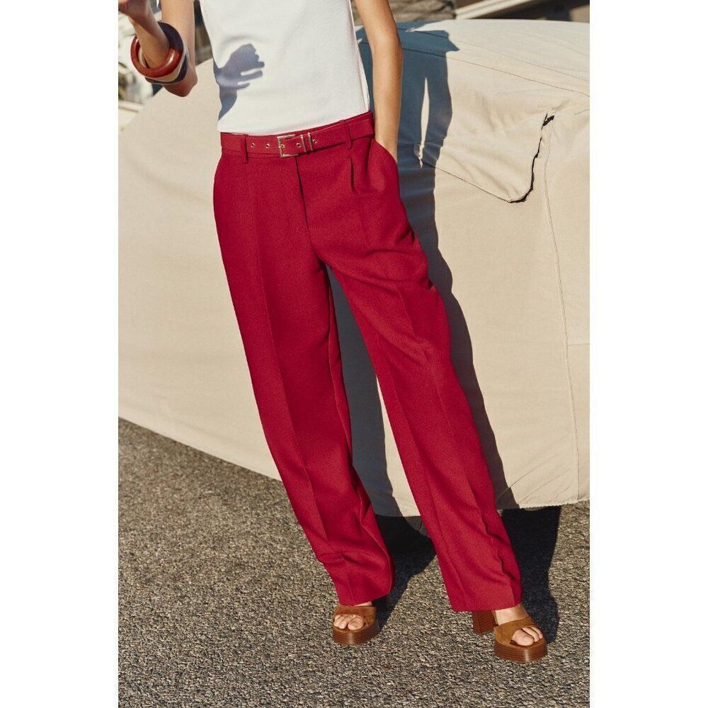 Zara Womens Dress Pants Size M Red Belted Straight Fit Trousers 1478/235 NWT